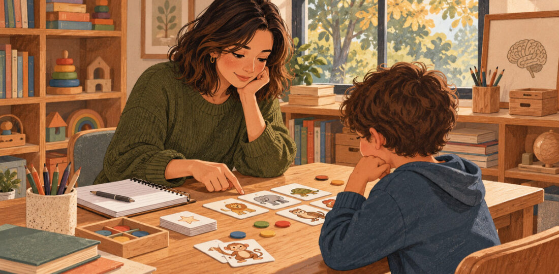 Criança com a mão sobre uma peça de jogo, prestes a movê-la, enquanto uma psicopedagoga a observa em um consultório.