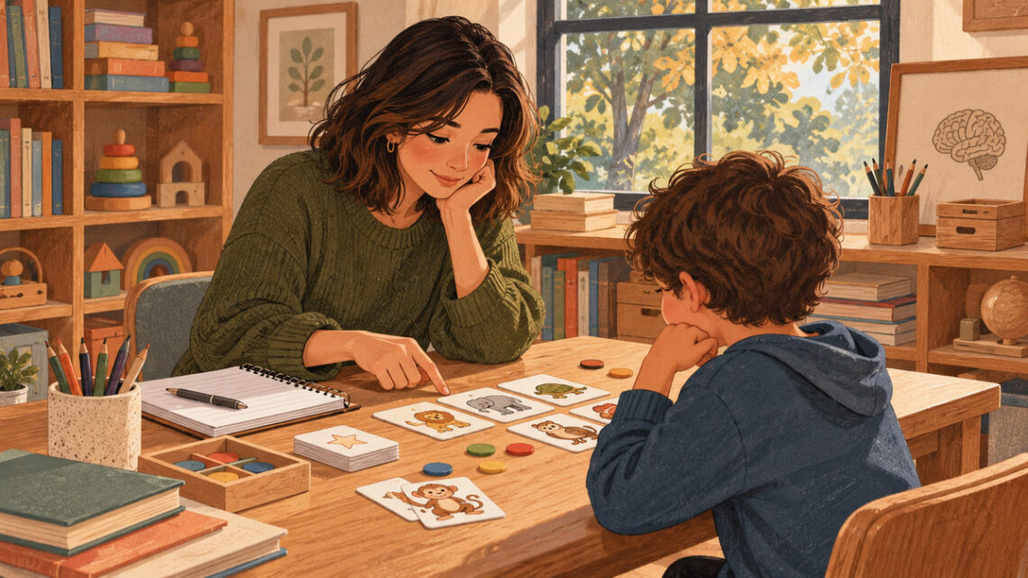 Criança com a mão sobre uma peça de jogo, prestes a movê-la, enquanto uma psicopedagoga a observa em um consultório.
