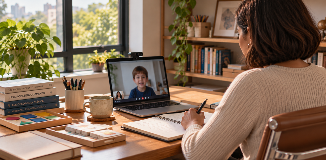 Psicopedagoga em seu espaço de trabalho em casa, de frente para uma janela, com notebook, webcam e microfone de mesa, atendendo online