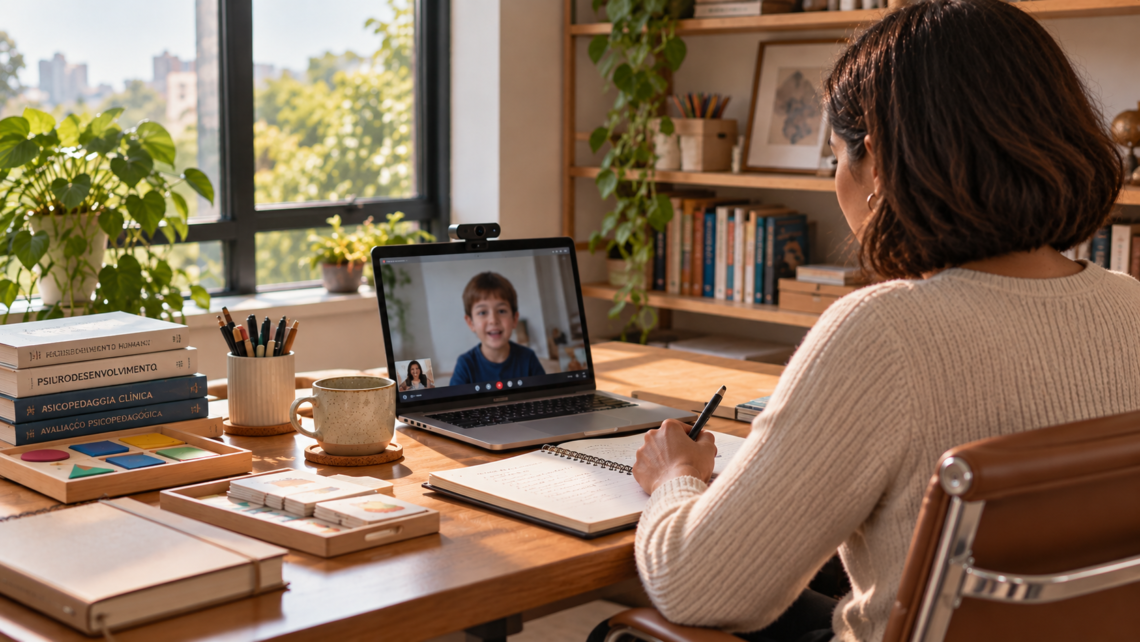 Psicopedagoga em seu espaço de trabalho em casa, de frente para uma janela, com notebook, webcam e microfone de mesa, atendendo online