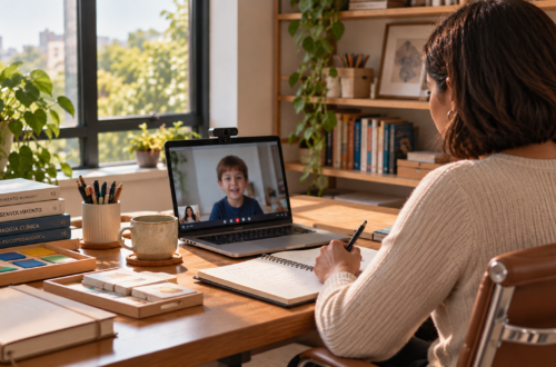 Psicopedagoga em seu espaço de trabalho em casa, de frente para uma janela, com notebook, webcam e microfone de mesa, atendendo online