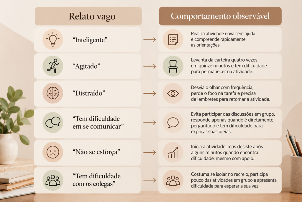 Quadro comparando relatos vagos sobre a criança com comportamentos observáveis que a psicopedagoga pode pedir à escola.