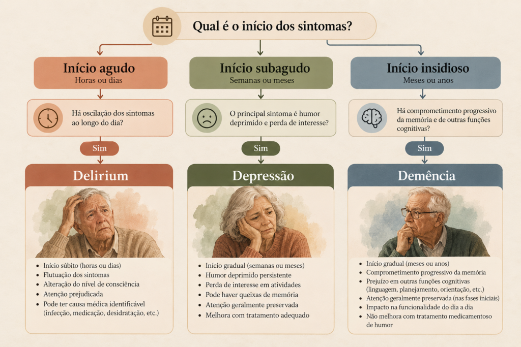 diferenciação entre demência, depressão e delirium no atendimento de idosos