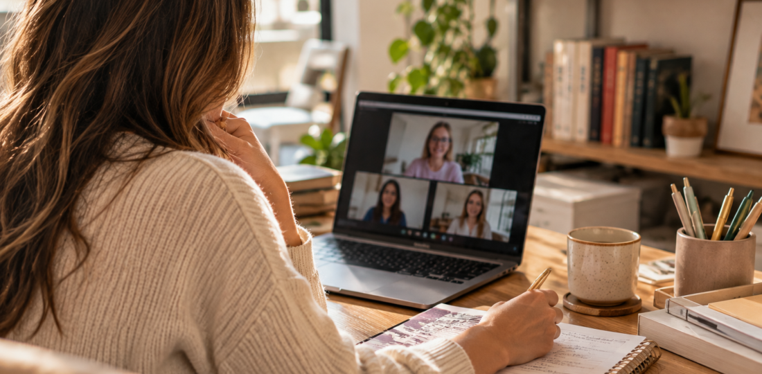 psicopedagoga em reunião online com a escola durante avaliação psicopedagógica