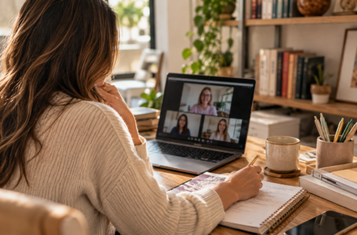 psicopedagoga em reunião online com a escola durante avaliação psicopedagógica